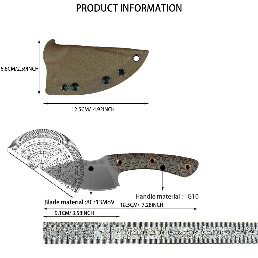 RMJ 7.28-inch Fixed Blade with A Sheath 8Cr13MoV Steel Blade G10 Handle Outdoor Camping Survival Fishing Hiking Gift for Men