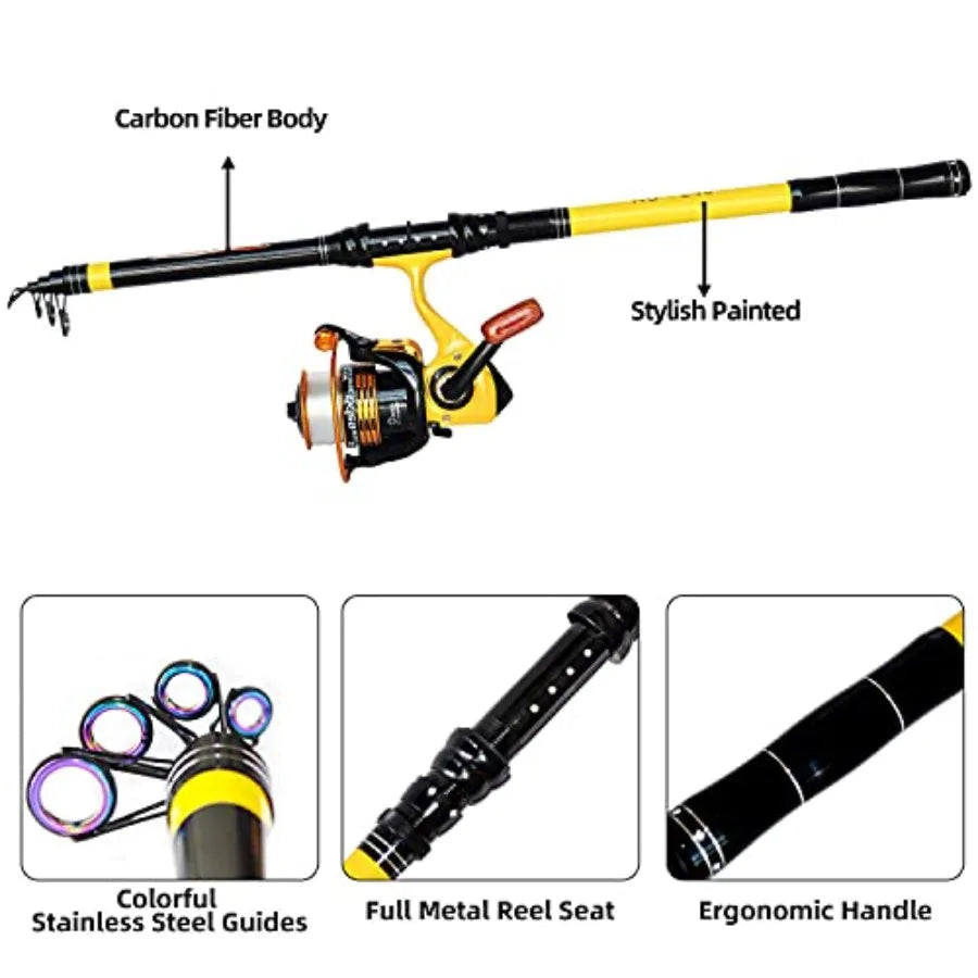 Fishing Rod and Reel Combo Medium Heavy Telescopic Poles Pre-spooled with Spinning Reel for Travel Saltwater Freshwater Catfish