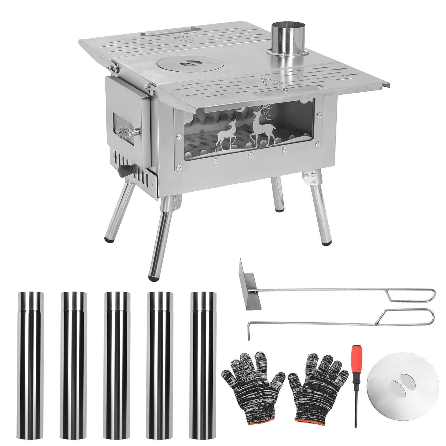Compact Tent Stove with Stainless Steel Construction Chimney Pipes Included for Outdoor Heating & Cooking Ice Fishing Hunting
