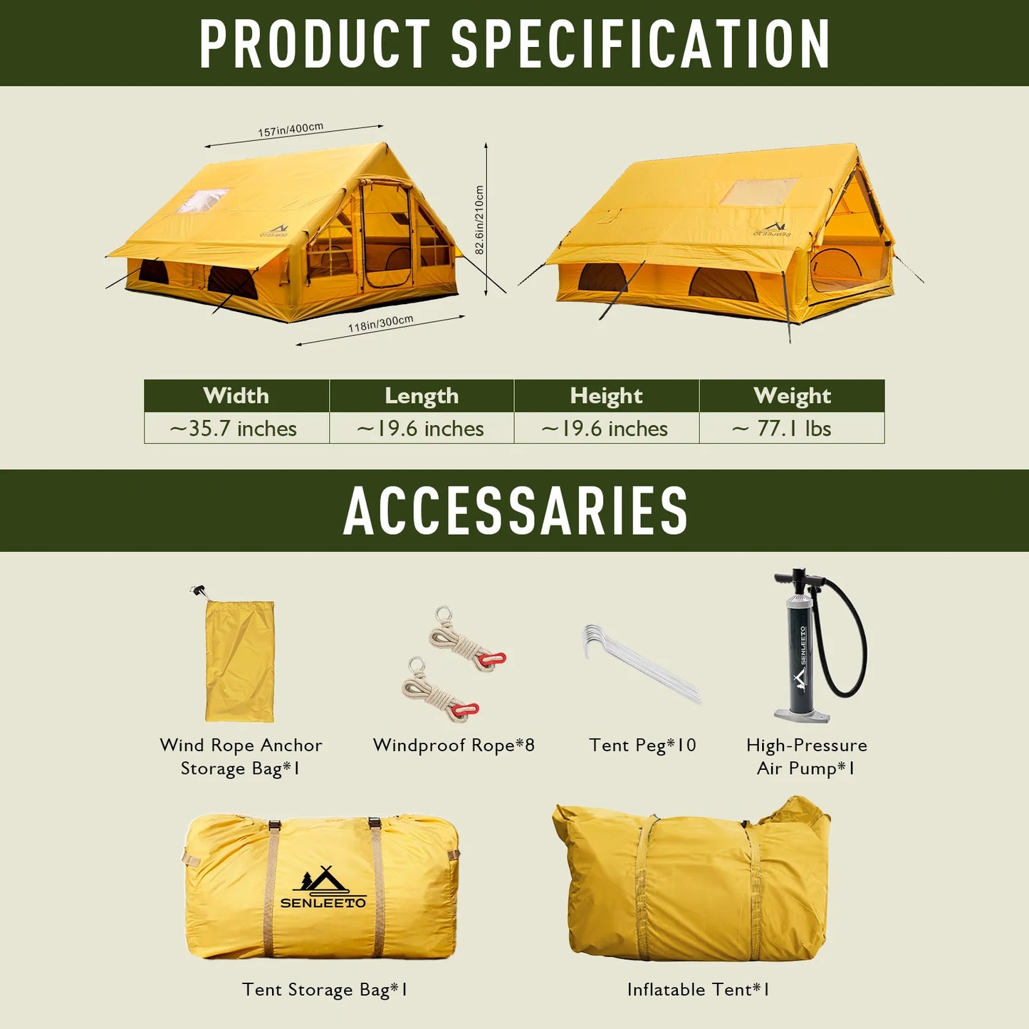 Easy Setup 129 Sq Ft Inflatable Camping Tent Waterproof Oxford Air Tent House with Pump 4 Season Family Glamping Tent