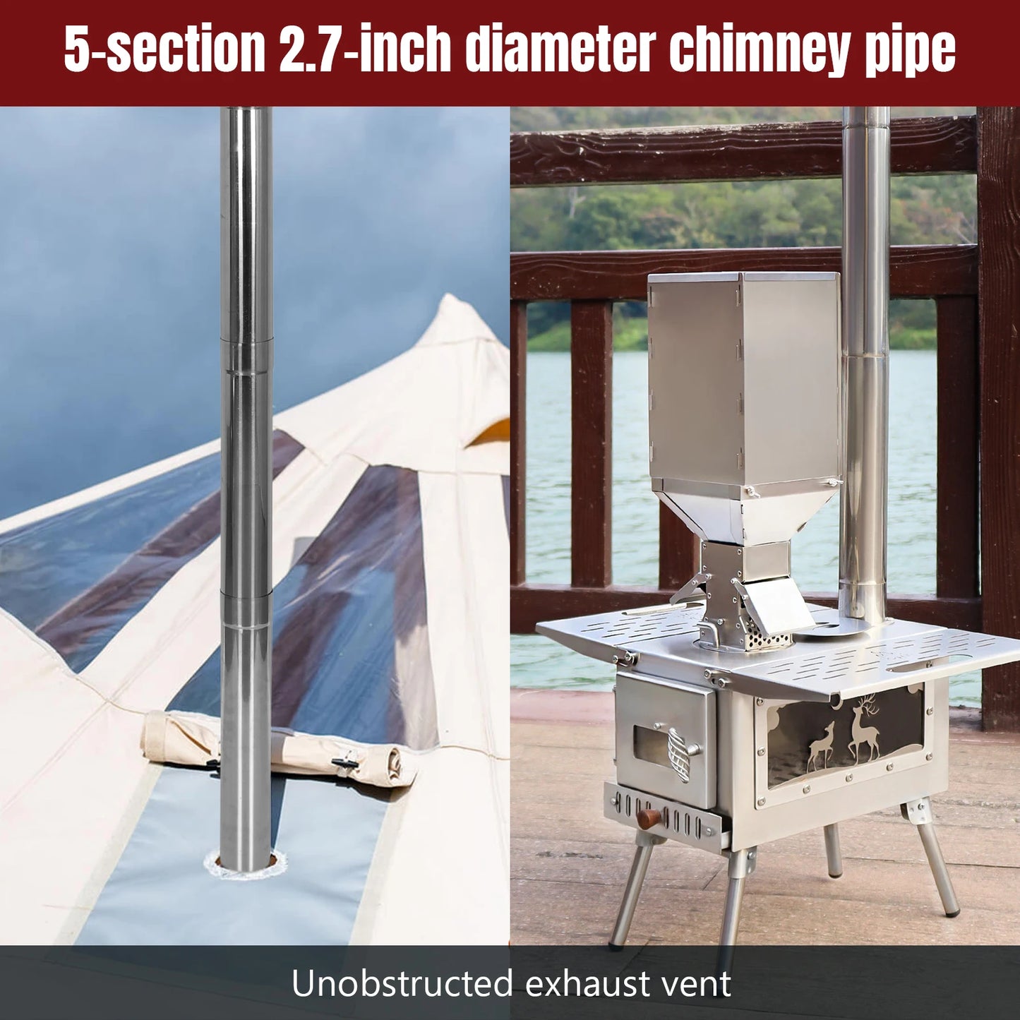 Compact Tent Stove with Stainless Steel Construction Chimney Pipes Included for Outdoor Heating & Cooking Ice Fishing Hunting