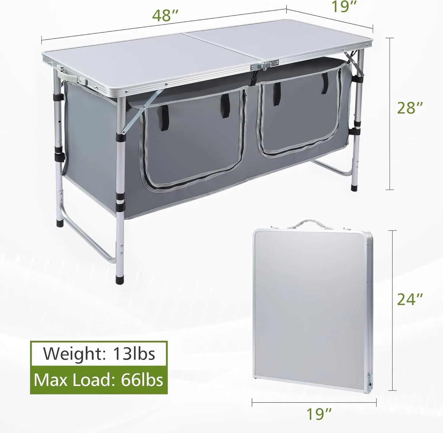 Portable Folding Camping Table with Storage, Adjustable Height, Lightweight for Outdoor BBQ Picnic Beach Indoor Use