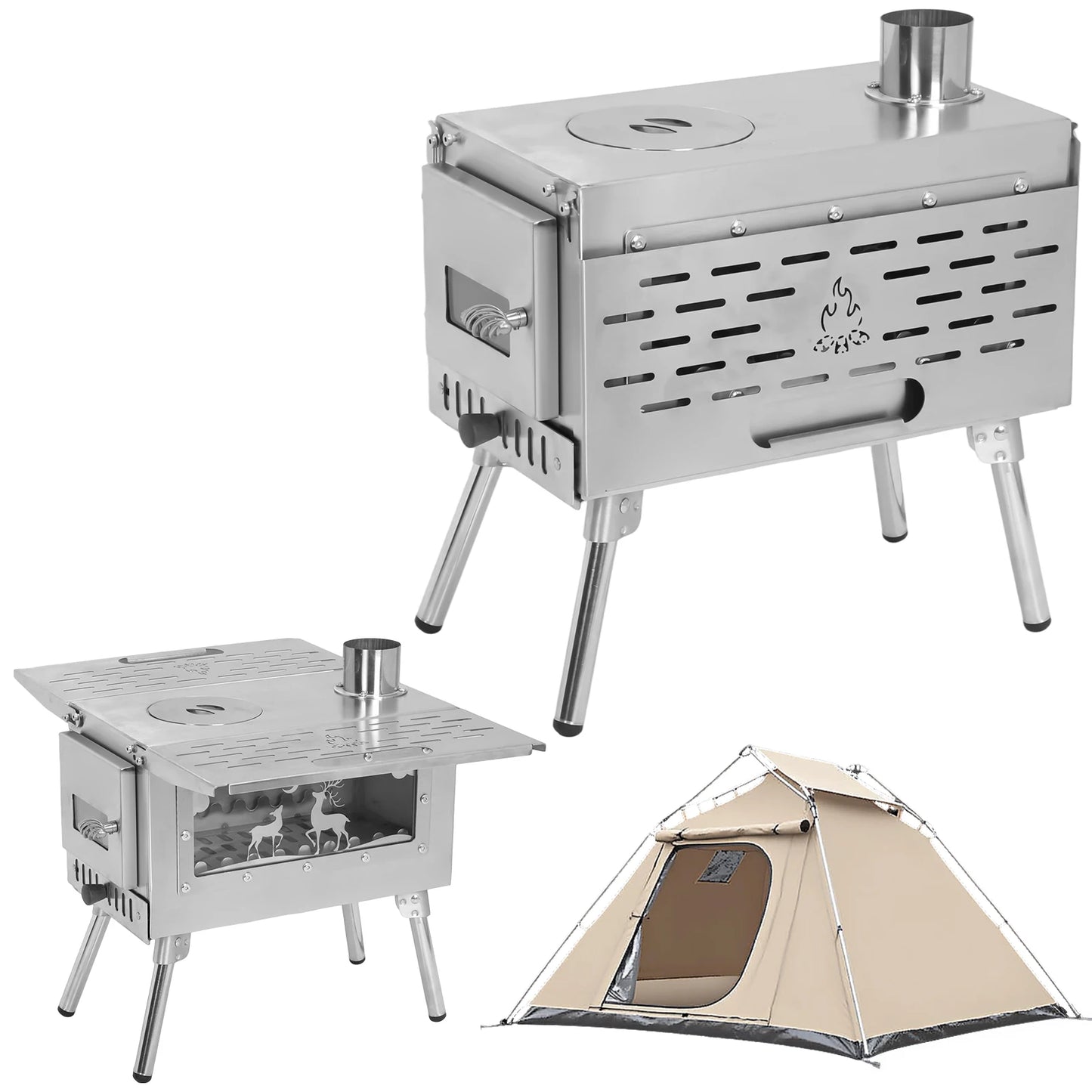 Compact Tent Stove with Stainless Steel Construction Chimney Pipes Included for Outdoor Heating & Cooking Ice Fishing Hunting