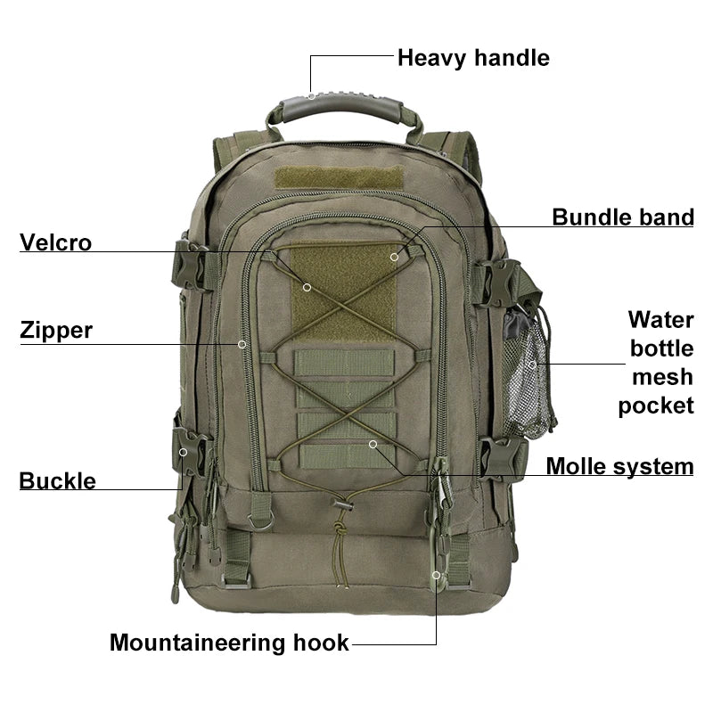 LQARMY 60L Male Travel Tactical backpack  Hiking Camping backpack Expandable Army Backpacks Molle  3 Day Assault Pack Rucksacks