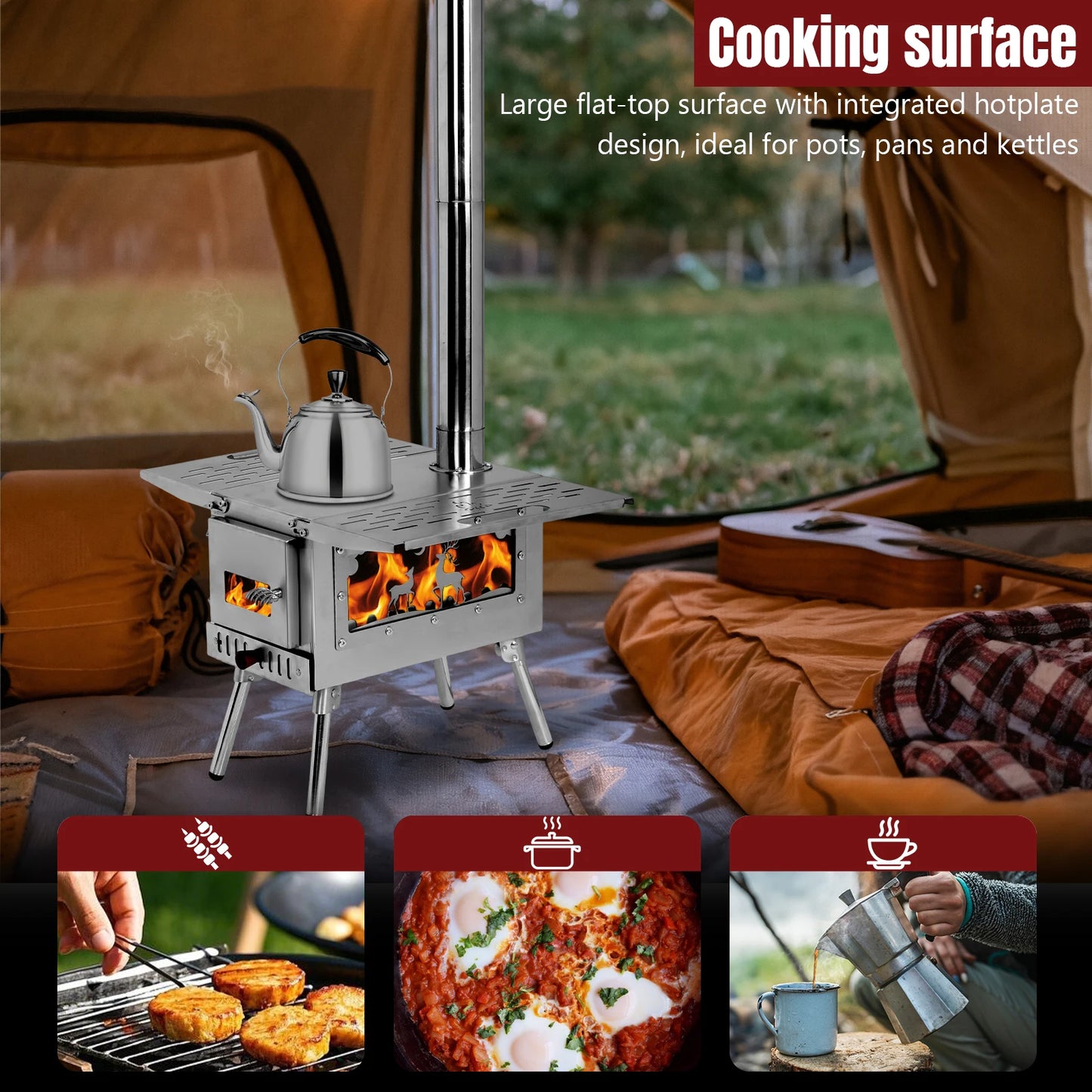 Compact Tent Stove with Stainless Steel Construction Chimney Pipes Included for Outdoor Heating & Cooking Ice Fishing Hunting
