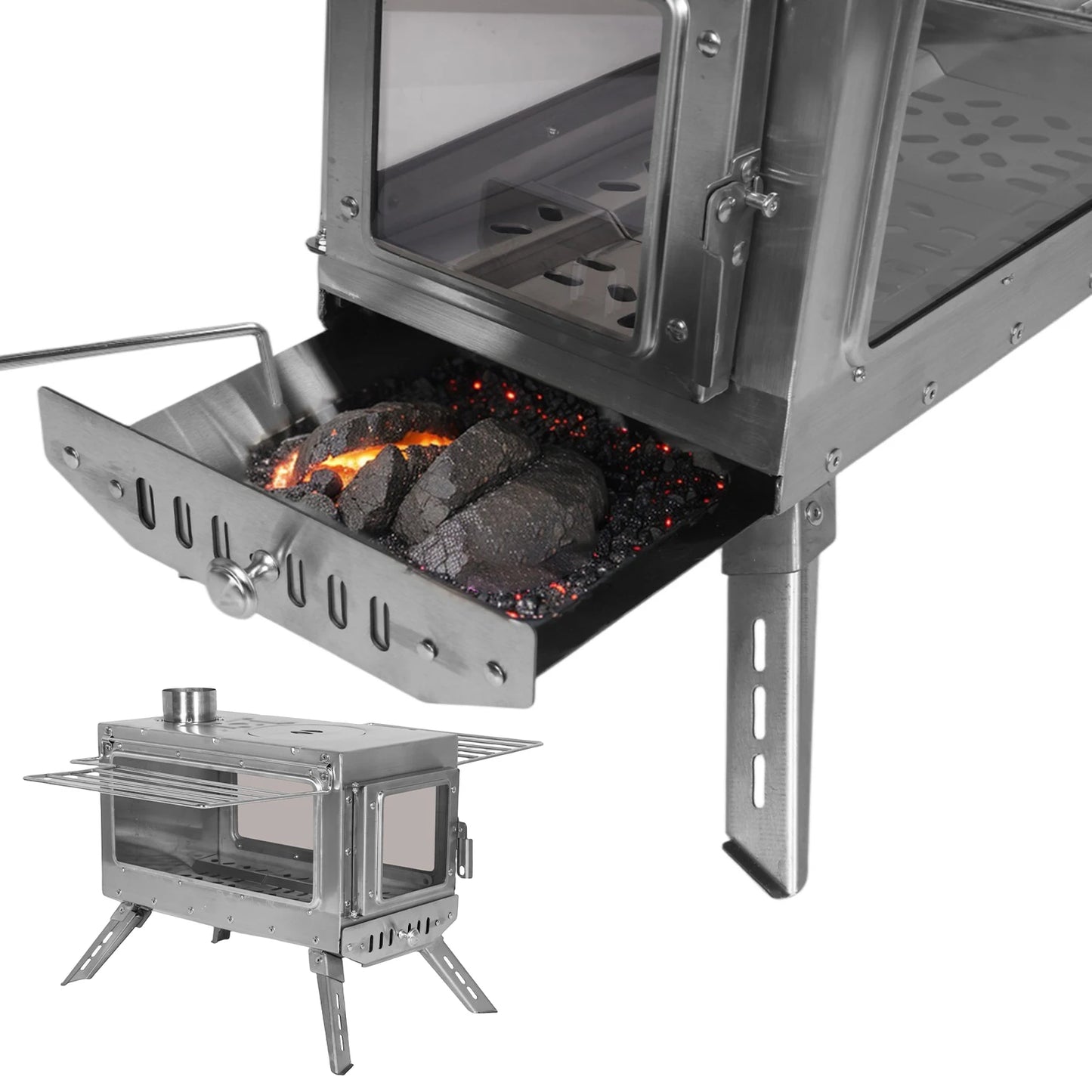 Outdoor Tent Firewood Stove with Chimney Pipe Camping Heating Stove Large Stainless Steel Stove Outdoor Cooking Barbecue Heating