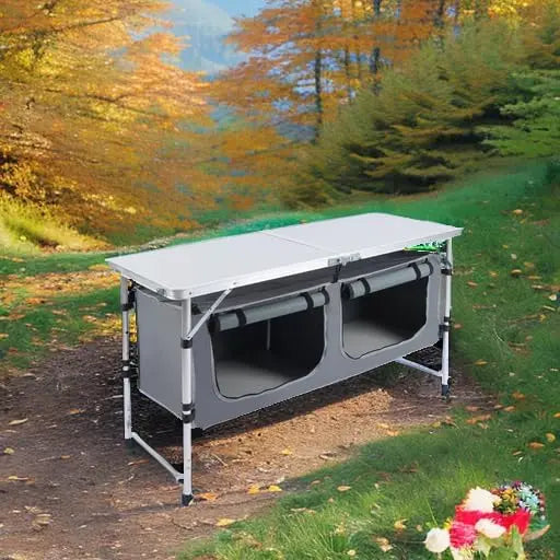 Portable Folding Camping Table with Storage, Adjustable Height, Lightweight for Outdoor BBQ Picnic Beach Indoor Use