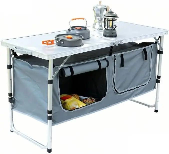 Portable Folding Camping Table with Storage, Adjustable Height, Lightweight for Outdoor BBQ Picnic Beach Indoor Use