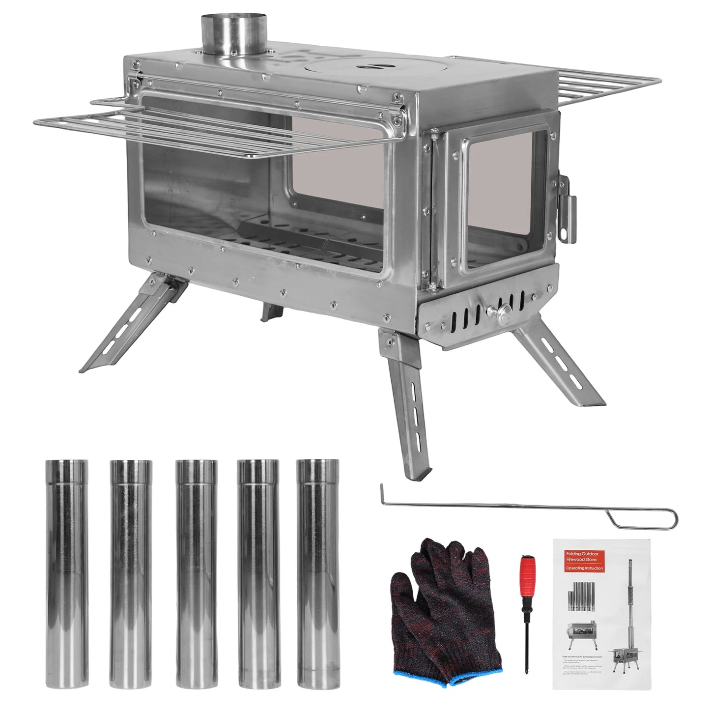 Outdoor Tent Firewood Stove with Chimney Pipe Camping Heating Stove Large Stainless Steel Stove Outdoor Cooking Barbecue Heating